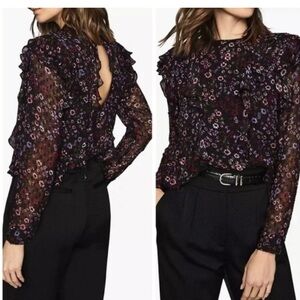 Sheer Floral Ruffle Blouse | Open Back Romantic Top | Dark Academia